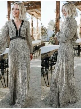 Baltic Born Women's Maxi Dress with Black Trim - Cream Cheetah Print